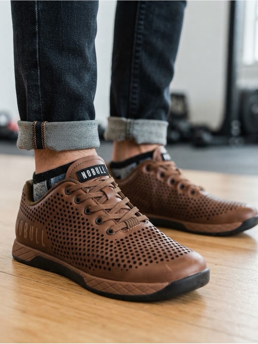 NOBULL Men’s Coffee Brown Perforated Leather Training Shoes Sneakers Sz 10.5